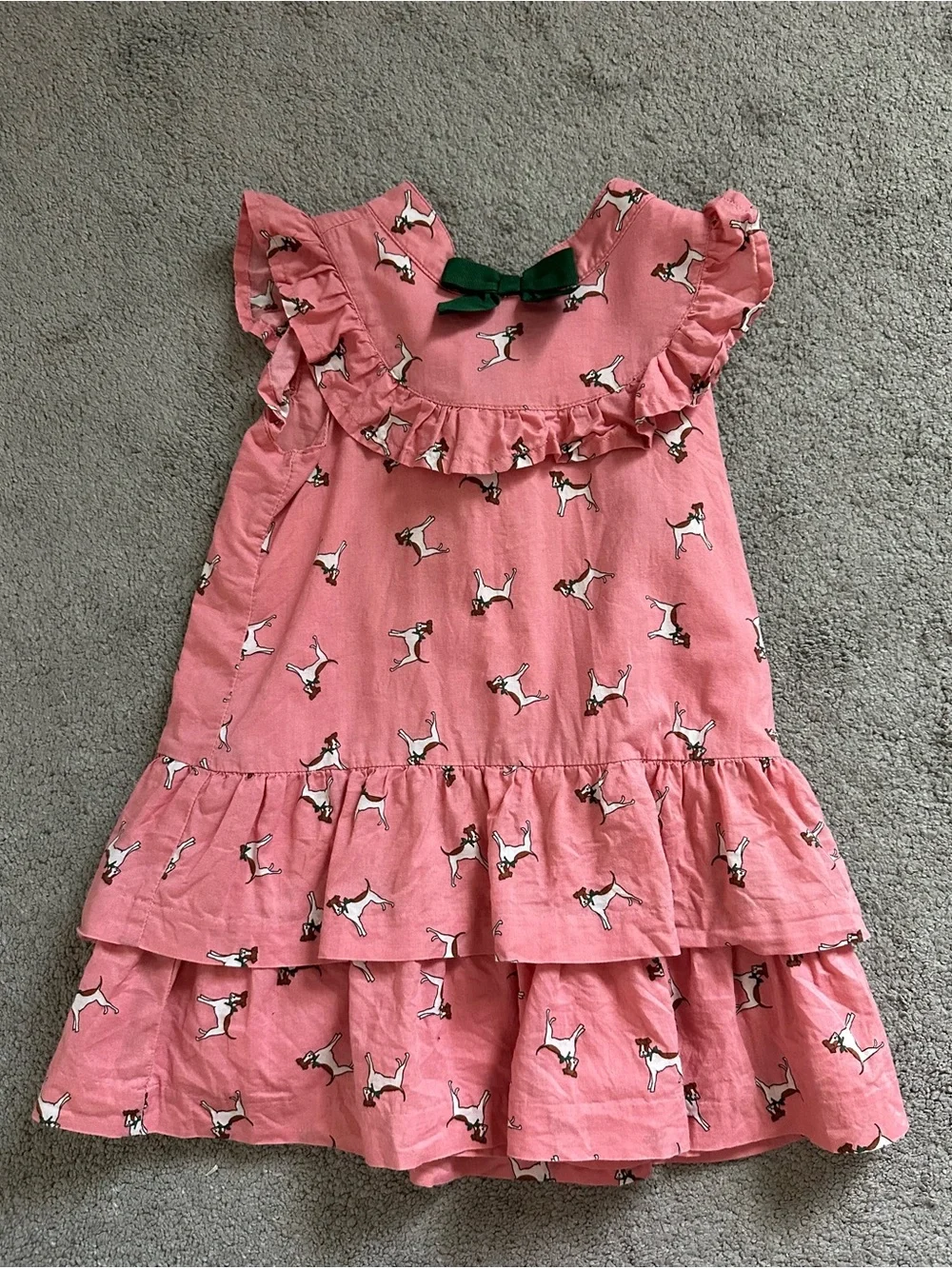 Janie and Jack 2T Pink Ruffled Dog-Print Dress with Green Bow